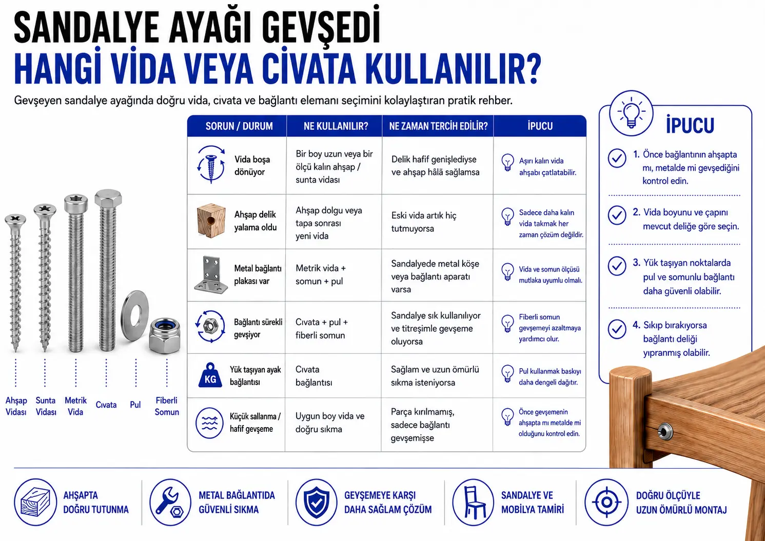 Sandalye Ayağı Gevşedi: Hangi Vida veya Civata Kullanılır?
