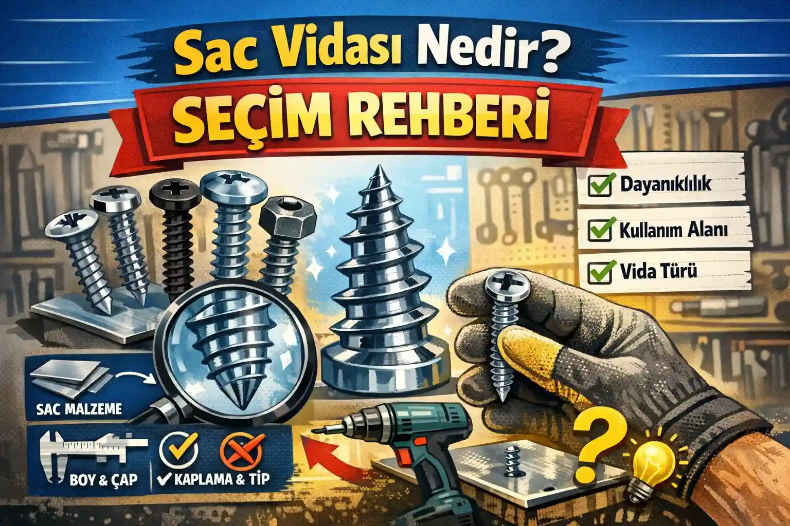 Sac vidası çeşitleri, matkap ve sac malzeme üzerinde vida seçimi gösterimi