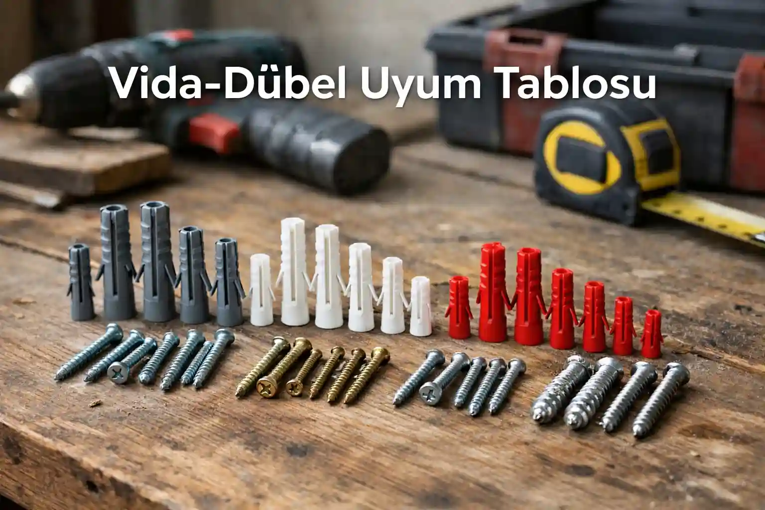 farklı çaplarda vida ve dübellerin çalışma tezgahında uyumlu şekilde sıralanmış görünümü