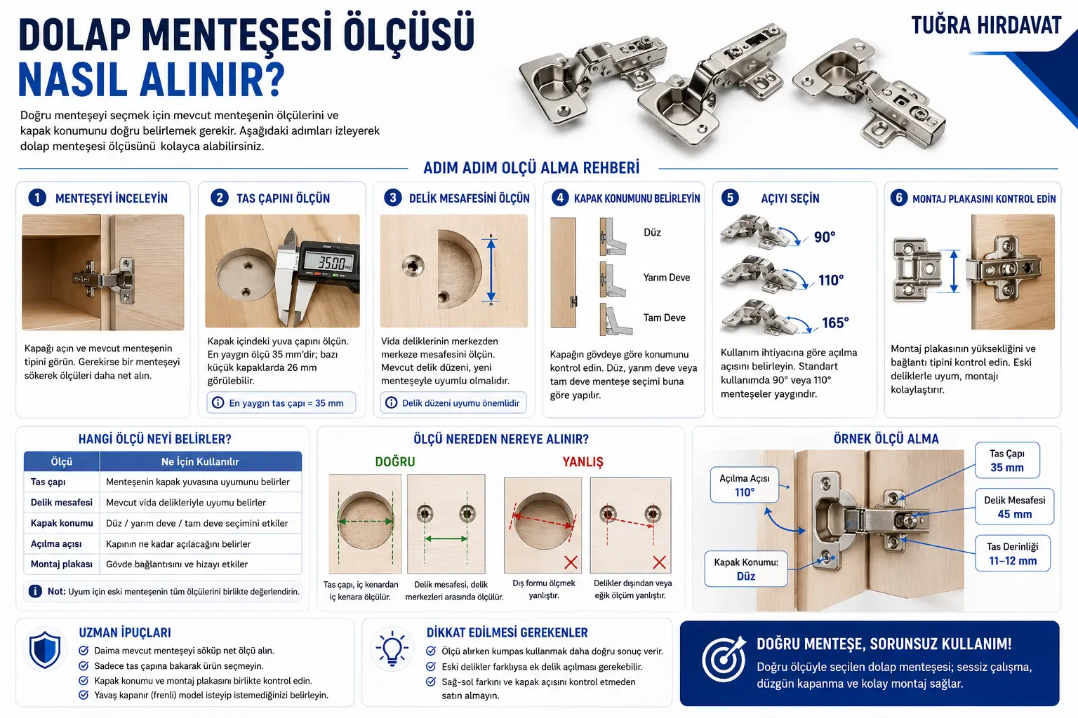 Dolap menteşesi ölçüsü nasıl alınır? Tas çapı, delik mesafesi, kapak konumu, açılma açısı ve montaj plakası ölçülerini gösteren adım adım rehber görseli.