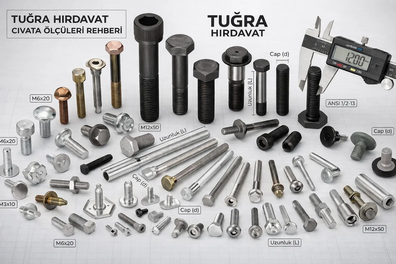 Civata çapı ve uzunluk ölçülerini gösteren farklı civata çeşitleri teknik bağlantı elemanları