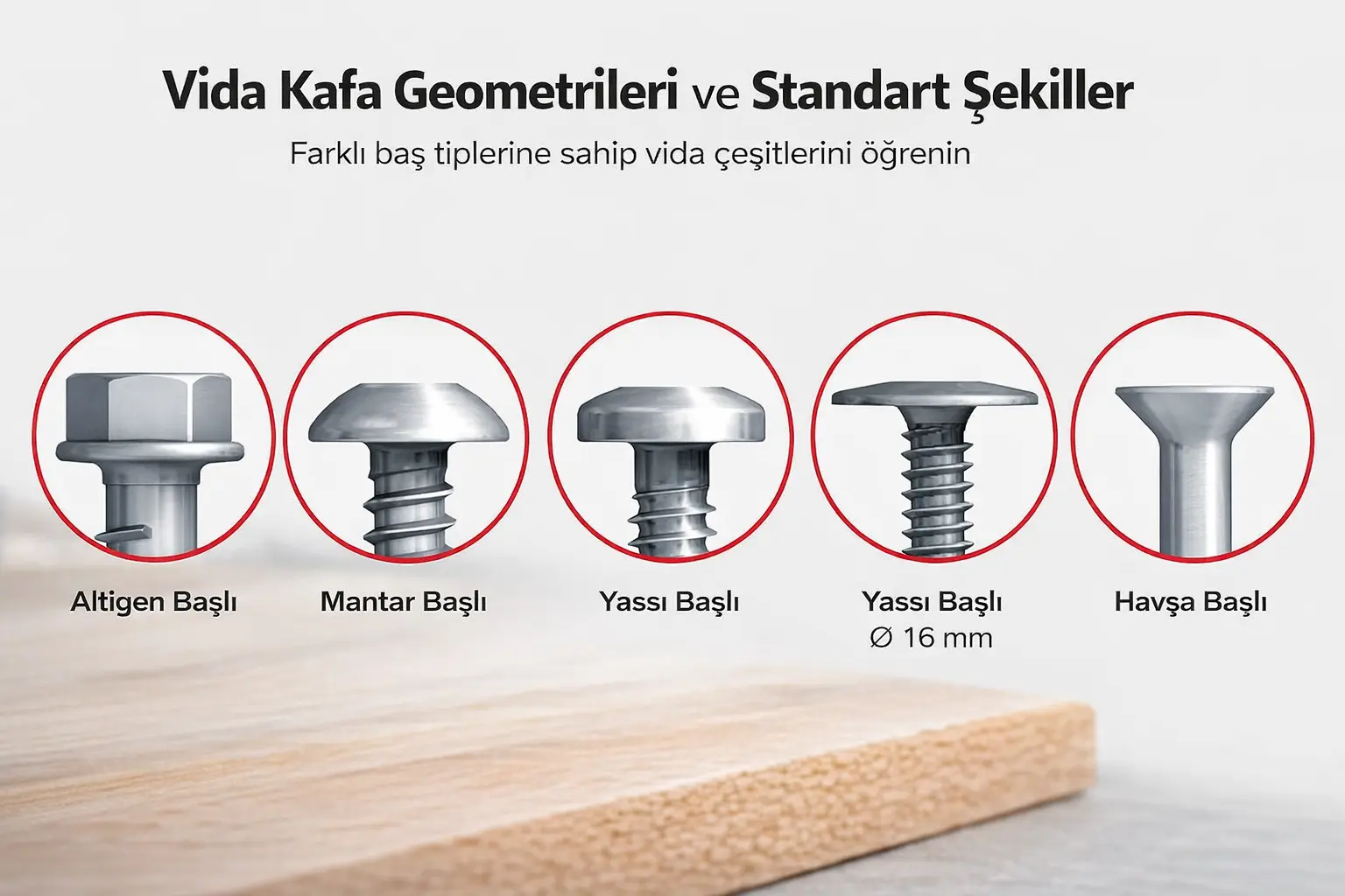 FarklÄ± vida kafa tiplerini gösteren teknik görsel: altÄ±gen ba� ŸlÄ±, mantar ba� ŸlÄ±, yassÄ± ba� ŸlÄ± ve hav� Ÿa ba� ŸlÄ± vida örnekleri.