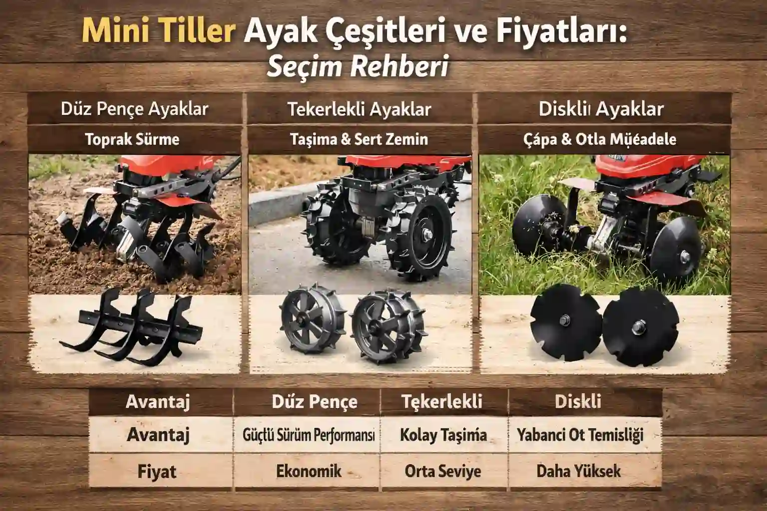 Mini tiller ayak çeşitleri düz pençe tekerlekli ve diskli ayak tiplerinin kullanım alanları ve fiyat karşılaştırmasını gösteren bilgilendirici görsel
