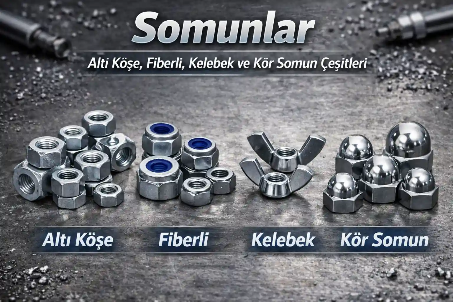 Altı köşe, fiberli, kelebek ve kör somun çeşitleri metal yüzey üzerinde gruplandırılmış şekilde, farklı tip somunlar detaylı olarak gösterilmektedir
