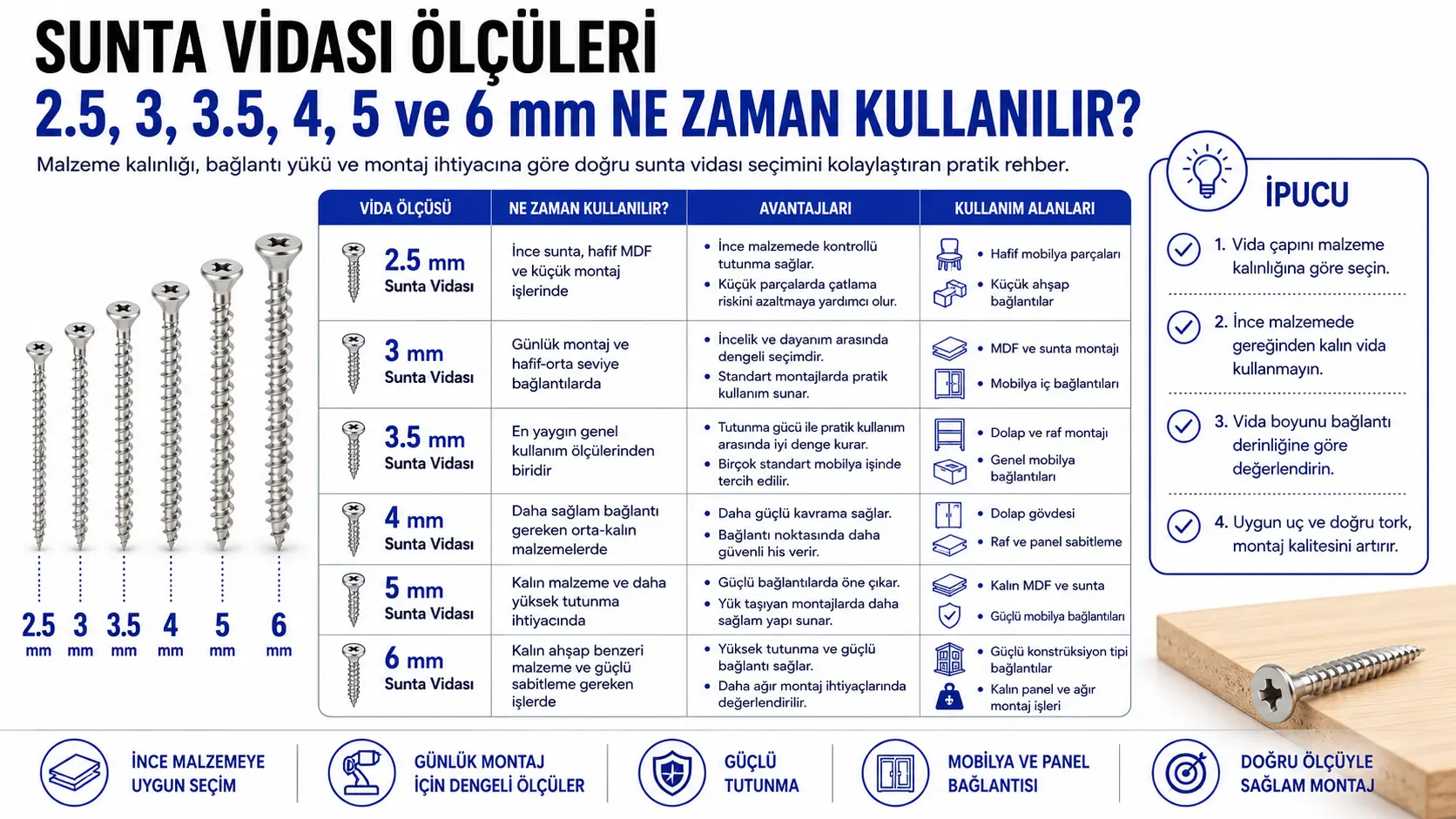 Sunta vidası ölçüleri için 2.5, 3, 3.5, 4, 5 ve 6 mm vida çaplarının kullanım alanlarını gösteren seçim rehberi görseli