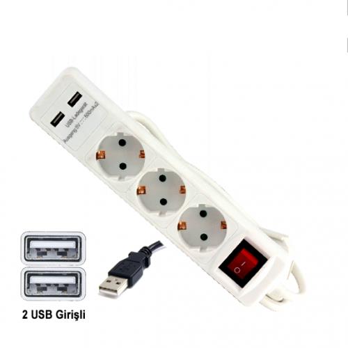 TROY 24023 USB Girişli Üçlü Grup Priz ve Uzatma Kablosu